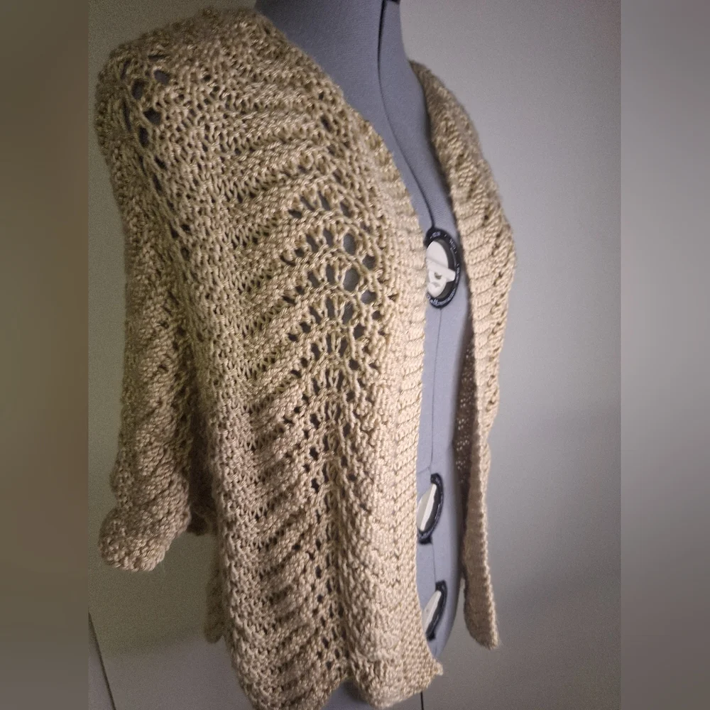 Hand Knitted Tan Knit Open Cardigan Sweater Size Med